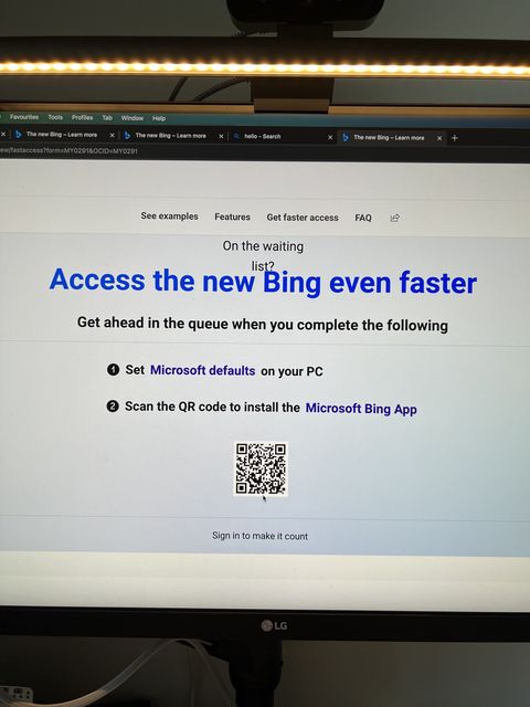 Photograph of a web browser showing a screen that blocks access to the new bing ai chat, it offers shorter waitlist time for setting Microsoft defaults and installing the bing app
