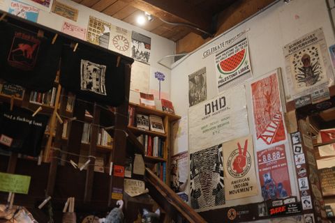 Shelves of zines and political titles at Left Bank Books.