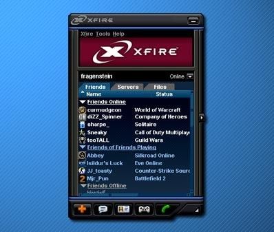 screenshot of Xfire with a very skuomorphic bezelled UI with lots of fun colours.