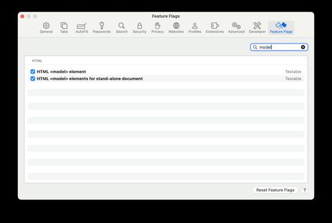 Screenshot of safari feature flag settings showing the model element is enabled.