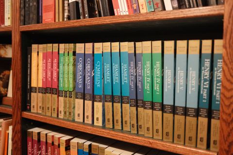A shelf of Folger’s editions of Shakespeare’s plays.