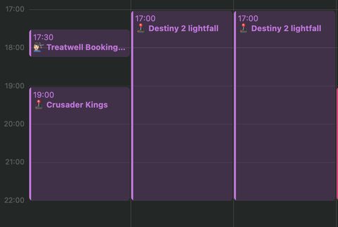 Screenshot of calendar showing evening slots for, Crusader kings and Destiny 2 Lightfall.