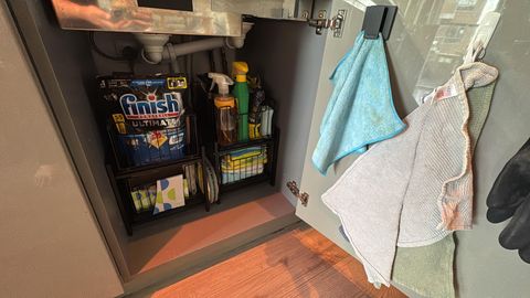 A photograph of the cupboard under the sink. Perfectly organised with pull out trays. A true thing of beauty. I'm very proud.