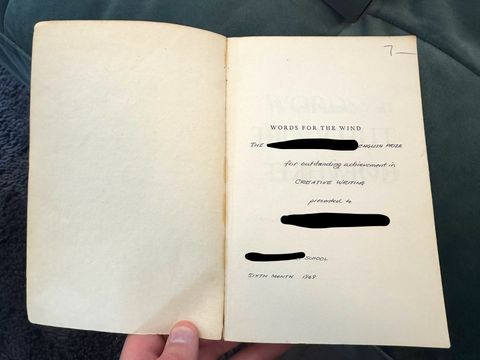 An inscription inside a second hand Theodore Roethke poetry collection, awarded for Outstanding Achievement in Creative Writing in 1969.