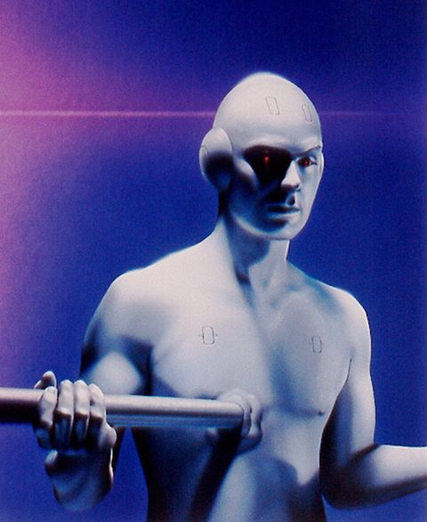 Futuristic painting by Chris Moore of a humanoid robot with smooth, metallic skin. The robot is bald, with rounded ear-like structures on its head, glowing red eyes, and small panel-like markings on its chest and forehead. It holds a metal bar with both hands against a glowing gradient background of deep blue and magenta light.