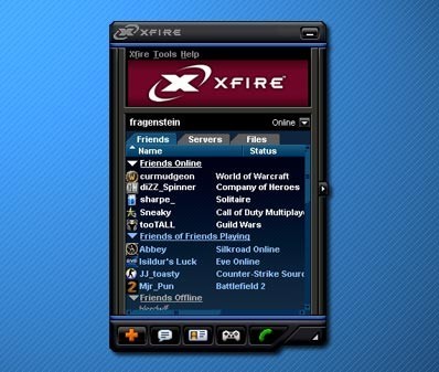 screenshot of Xfire with a very skuomorphic bezelled UI with lots of fun colours.